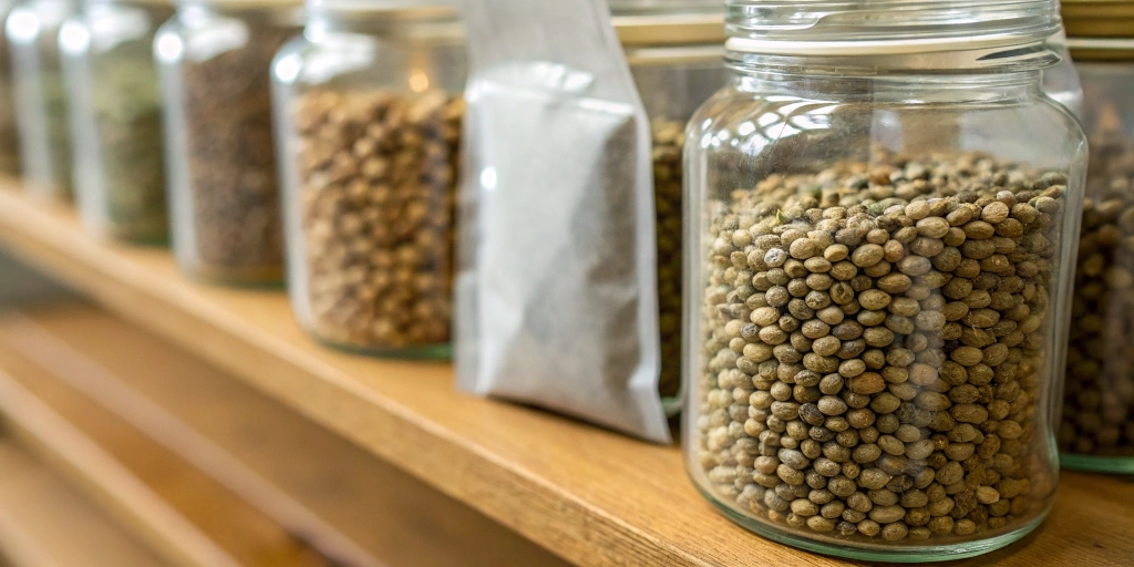 Glass jars filled with cannabis seeds and desiccant showing how long do cannabis seeds last in optimal storage