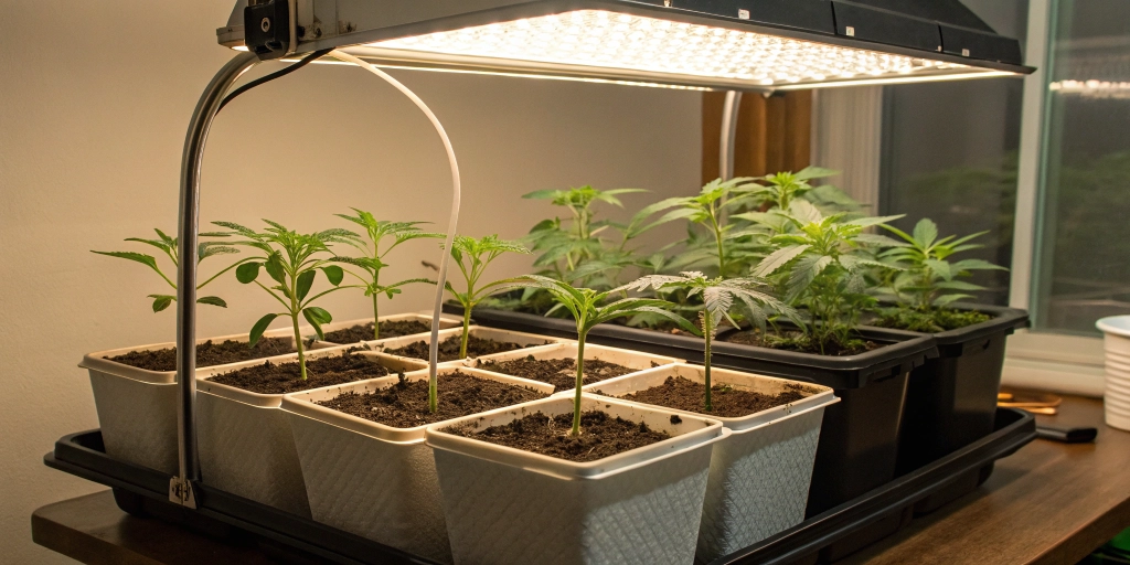 A home grow setup featuring labeled containers under a humidity dome and grow light, showing how to sprout a cannabis seed efficiently.