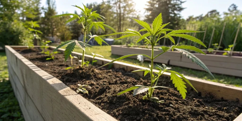 Outdoor view of cannabis seeds mn seedlings sprouting in a raised garden bed under morning sunlight.