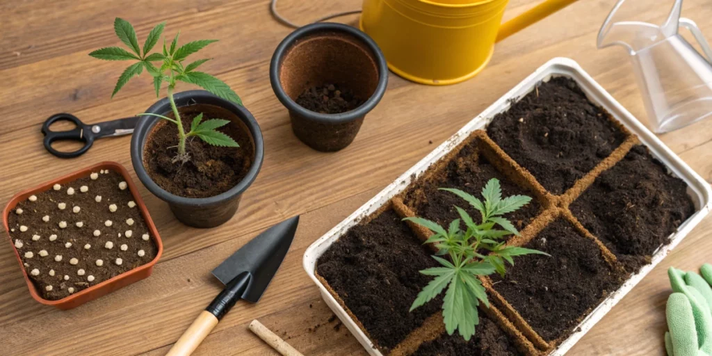 Top-down photo of cannabis seeds mn packets next to labeled pots and gardening tools on a wooden workbench.
