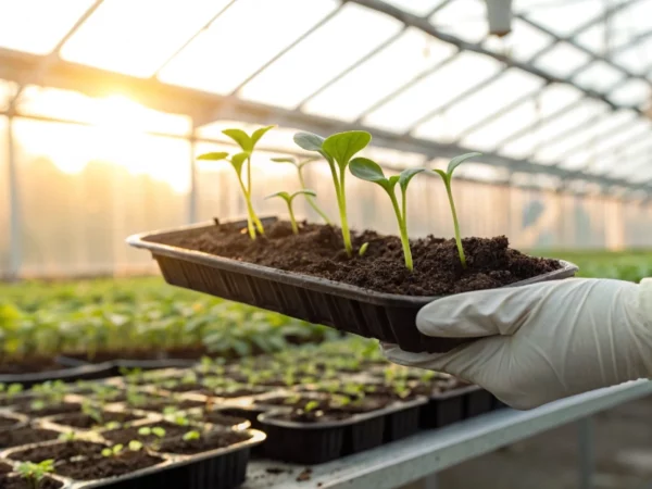 Close-up of a gloved hand holding a tray of cannabis seeds mn in a greenhouse with early green sprouts.