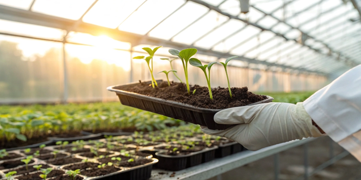 Close-up of a gloved hand holding a tray of cannabis seeds mn in a greenhouse with early green sprouts.