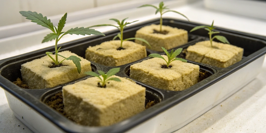 A small tray of rockwool cubes with tiny cannabis sprouts emerging, illustrating how to sprout a cannabis seed professionally.