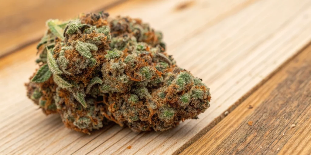 Trimmed Chocolate Haze strain bud on wood surface showing chocolate-colored resin glands.