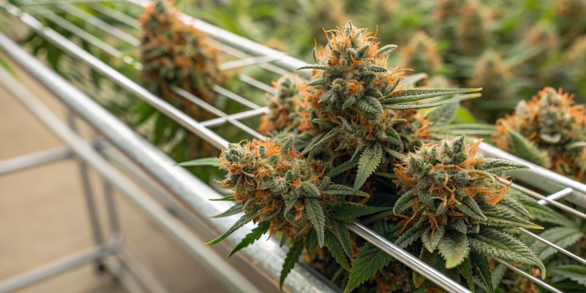 Freshly harvested Chocolate Haze strain buds drying with visible trichomes and orange pistils.