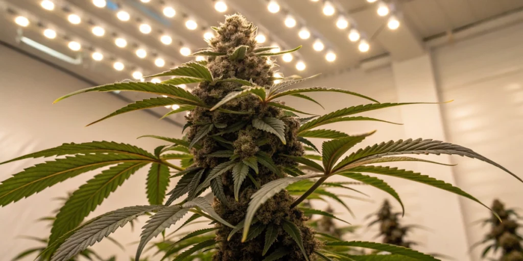Indoor-grown Chocolate Haze strain plant with dense buds and narrow leaves under LED lighting.