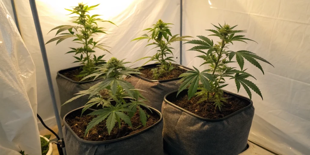 Indoor setup with Cookies Gelato strain plants under LED lights in early bloom.