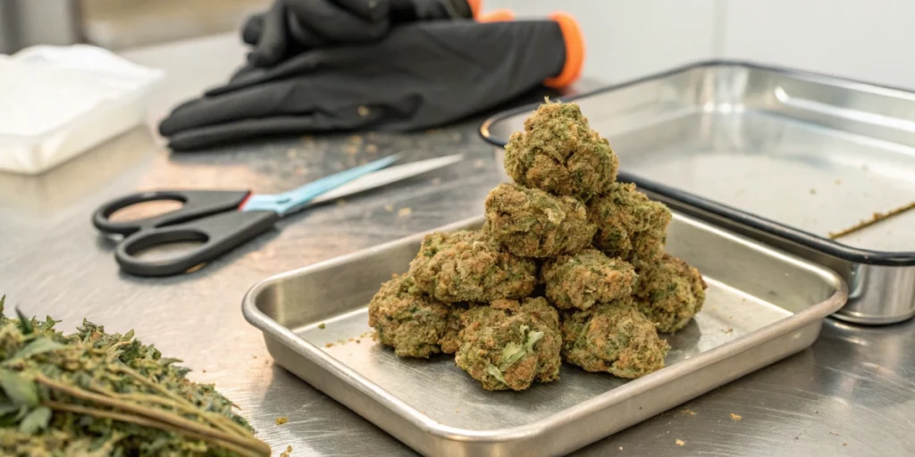 Freshly harvested Cookies Gelato strain buds being trimmed and weighed.