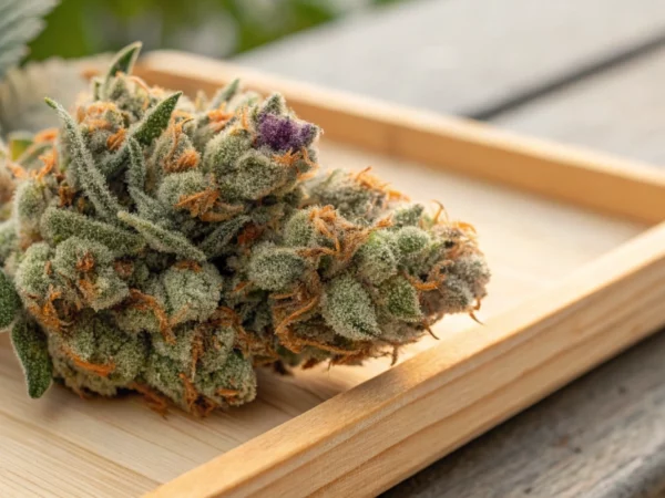 Close-up of a Cookies Gelato strain bud covered in trichomes and orange hairs.