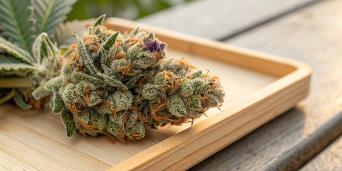 Close-up of a Cookies Gelato strain bud covered in trichomes and orange hairs.