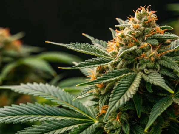 Close-up of Cookies Kush Auto buds with orange trichomes on lush green leaves against a dark backdrop.