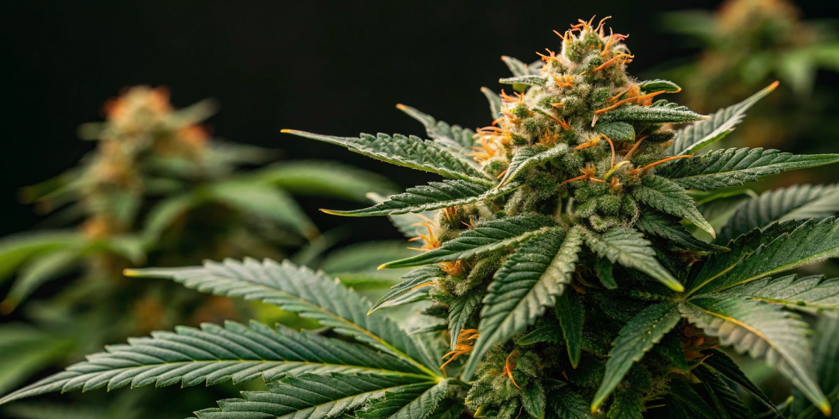 Close-up of Cookies Kush Auto buds with orange trichomes on lush green leaves against a dark backdrop.