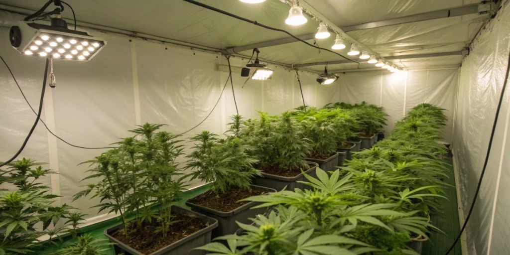 Indoor grow room featuring Cookies Kush Auto plants illuminated by full-spectrum LED lights in a well-organized grow tent.