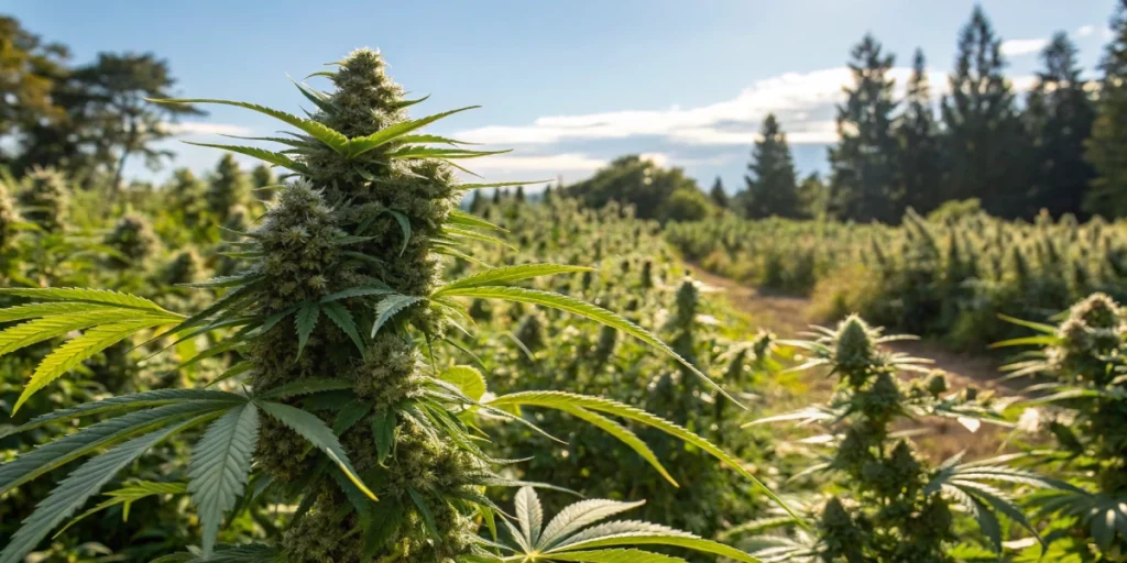 Outdoor garden with mature Cookies Kush Auto plants in sunlight, displaying compact growth and dense, resinous buds.