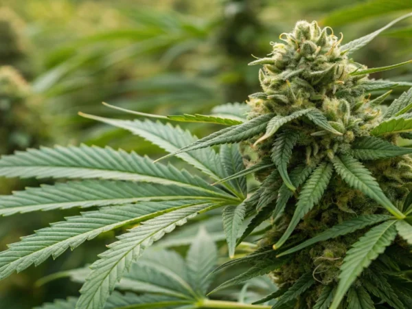 Close-up of dense, resinous buds of Corkscrew Auto Tyson S strain with uniquely twisted leaves and vibrant green color under natural lighting.