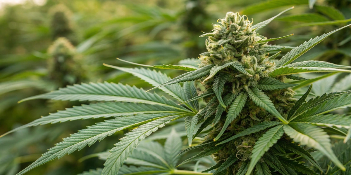 Close-up of dense, resinous buds of Corkscrew Auto Tyson S strain with uniquely twisted leaves and vibrant green color under natural lighting.