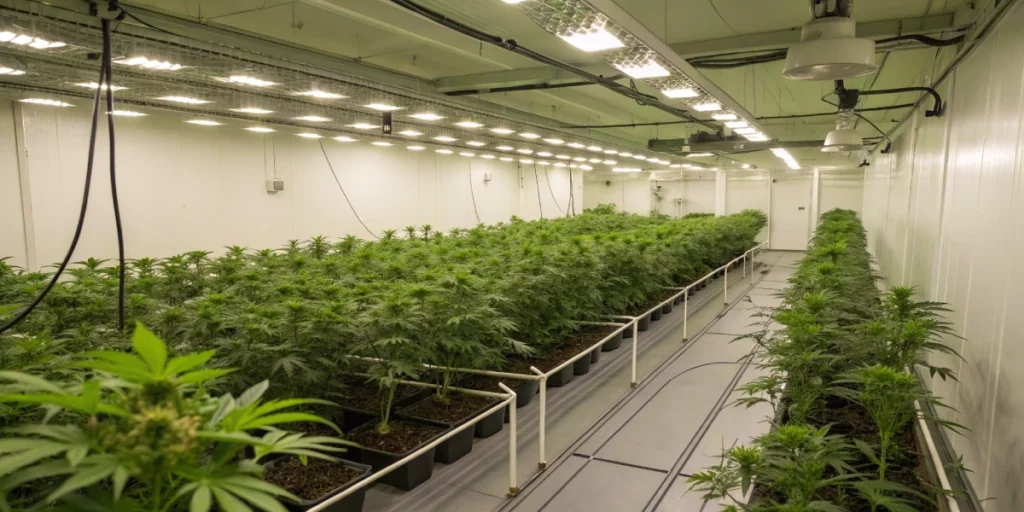 Indoor grow room with healthy Corkscrew Auto Tyson S plants, full-spectrum LED lighting, and a clean, organized setup, showcasing controlled cultivation conditions.
