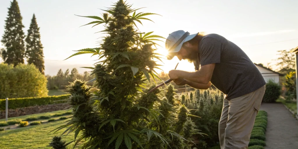 Grower pruning a mature Corkscrew Auto Tyson S strain plant outdoors under natural sunlight, emphasizing its robust growth and abundant, well-formed buds.