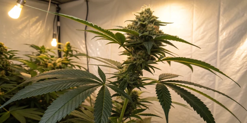 Mature Honey Cream Fast strain plant growing indoors under LED lights with thick buds.