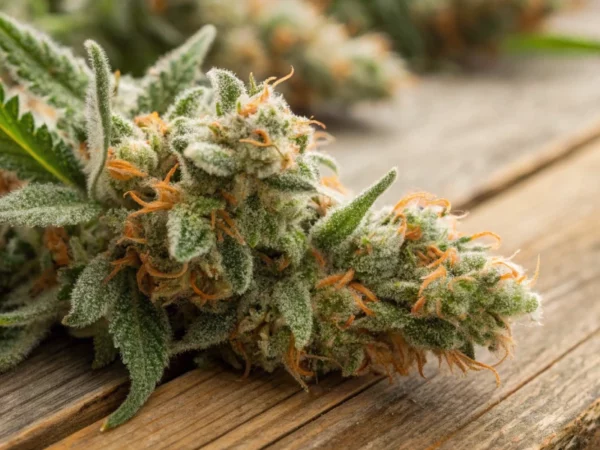 Detailed close-up of Honey Cream Fast strain buds with frosty trichomes and orange hairs.