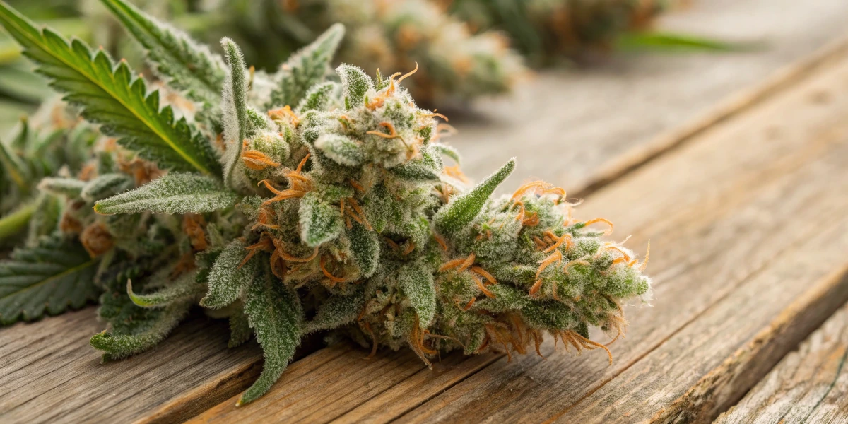 Detailed close-up of Honey Cream Fast strain buds with frosty trichomes and orange hairs.
