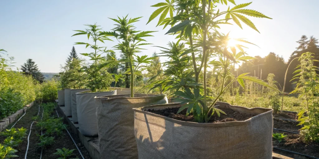 Outdoor Honey Cream Fast strain plants in pots under sunlight in a garden setup.