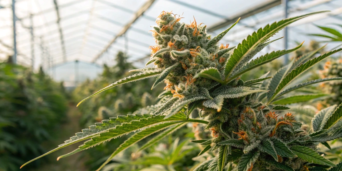Close-up of El Patron strain buds with orange hairs and trichomes in a greenhouse.