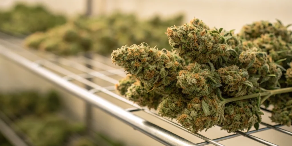 Trimmed El Patron strain buds on drying rack showing dense structure and resin.