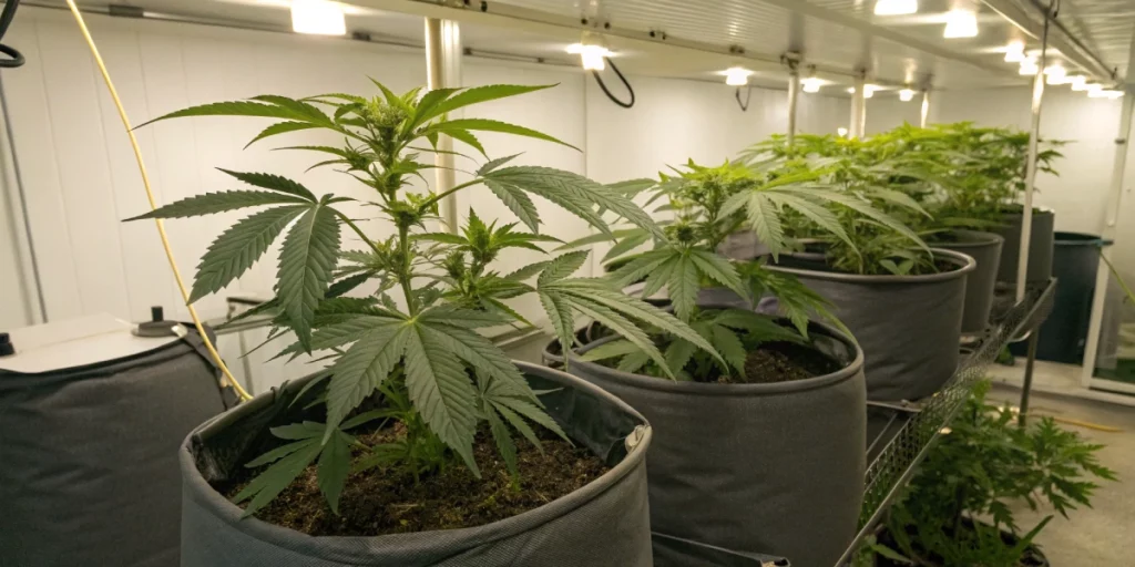 Indoor cannabis grow with trained El Patron strain plants under LED lighting.