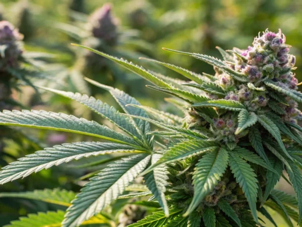 Mature Fruit Spirit strain buds covered in white trichomes in an outdoor garden.