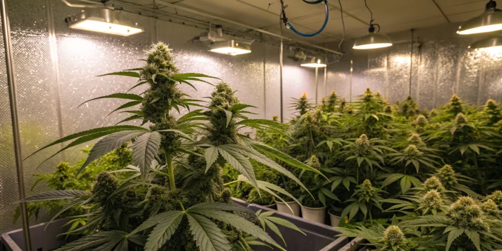 Indoor cultivation of Fruit Spirit strain plants under LED lights with visible buds.