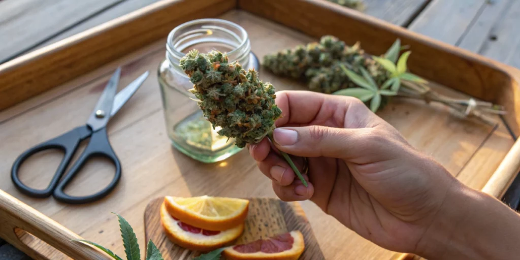 Trimmed and cured Fruit Spirit strain bud held above a wooden tray with tools.