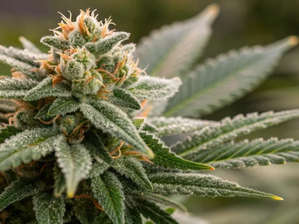 Close-up of dense, resinous GMO Auto strain buds with sparkling trichomes and vibrant green hues.