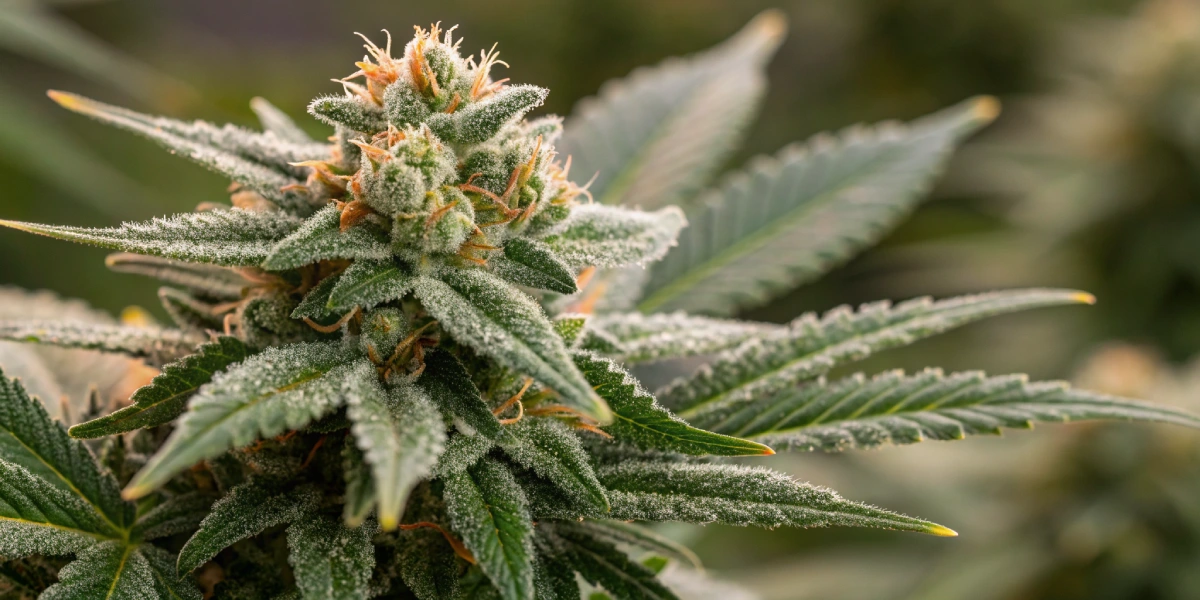 Close-up of dense, resinous GMO Auto strain buds with sparkling trichomes and vibrant green hues.