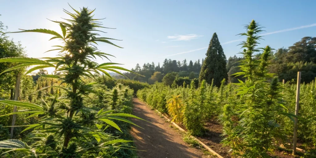 Outdoor garden view of GMO Auto strain plants thriving in natural sunlight under a clear blue sky with well-maintained soil.