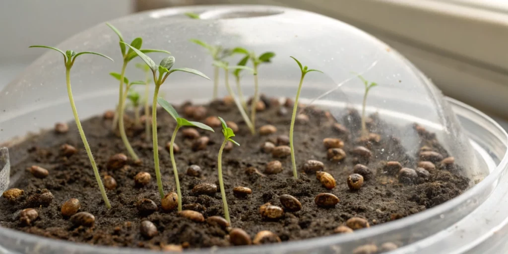 Germinating old cannabis seeds showing emerging seedlings under a transparent dome