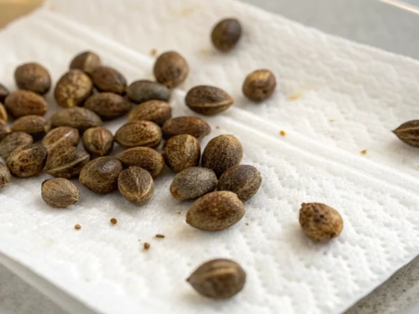 Germinating old cannabis seeds nestled on a damp paper towel ready to sprout