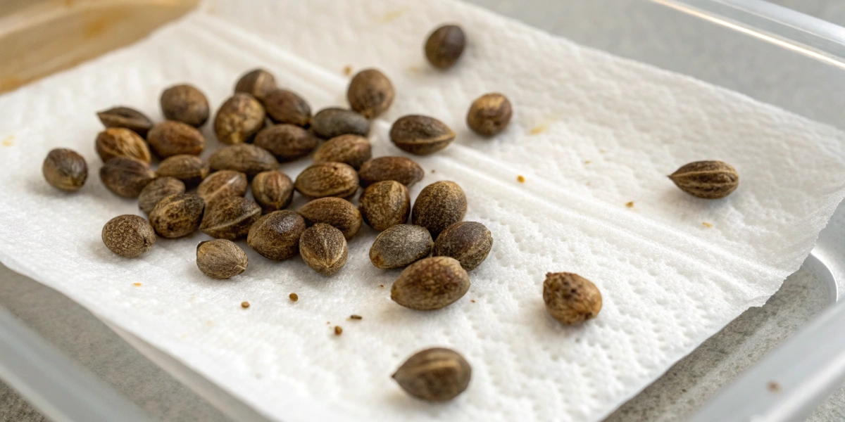 Germinating old cannabis seeds nestled on a damp paper towel ready to sprout