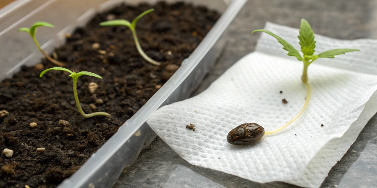A close-up image showing a cannabis seedling on a damp paper towel and another in soil, demonstrating germinating cannabis seeds in paper towel vs soil.