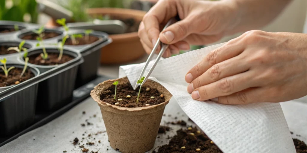 A pair of hands with tweezers moving a cannabis taproot from a paper towel into soil, demonstrating germinating cannabis seeds in paper towel vs soil.