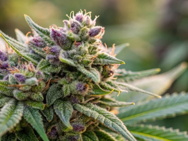 Close-up of dense, resinous Glue Gelato Auto Strain buds with sparkling trichomes and vibrant green-purple hues, highlighting the detailed texture and quality of the cannabis flower.