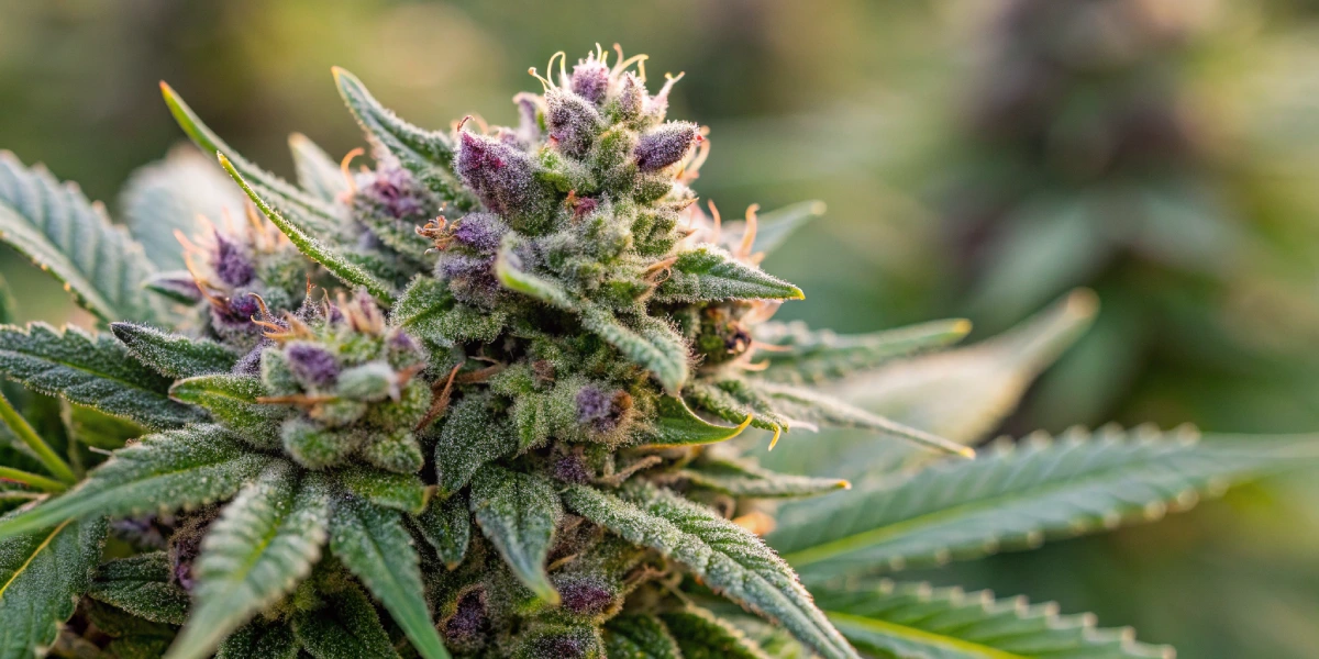 Close-up of dense, resinous Glue Gelato Auto Strain buds with sparkling trichomes and vibrant green-purple hues, highlighting the detailed texture and quality of the cannabis flower.