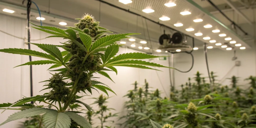 Mature Glue Gelato Auto Strain plant in a controlled indoor grow room, illuminated by full-spectrum LED lights with lush, healthy foliage and a well-organized cultivation setup.