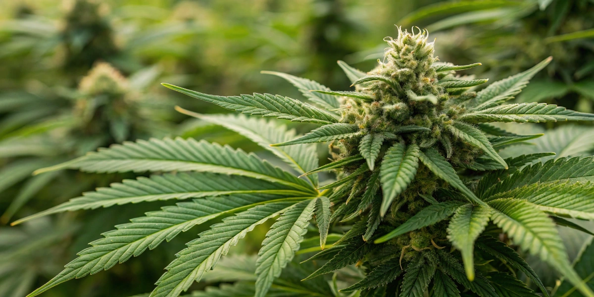 Close-up of Goatlato Auto Tyson S strain buds with dense resin and twisted leaves, captured in natural light, highlighting vivid green colors.