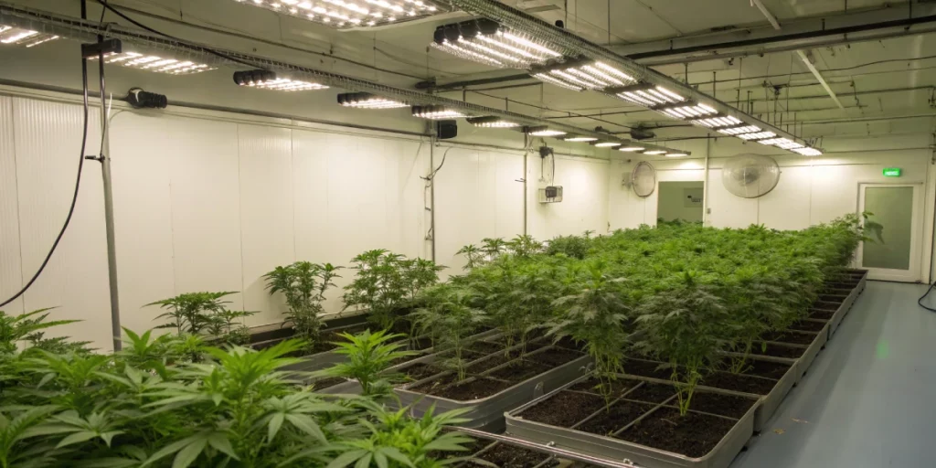 Indoor grow room with well-maintained Goatlato Auto Tyson S strain plants under full-spectrum LED lights, showing organized setup and proper ventilation.