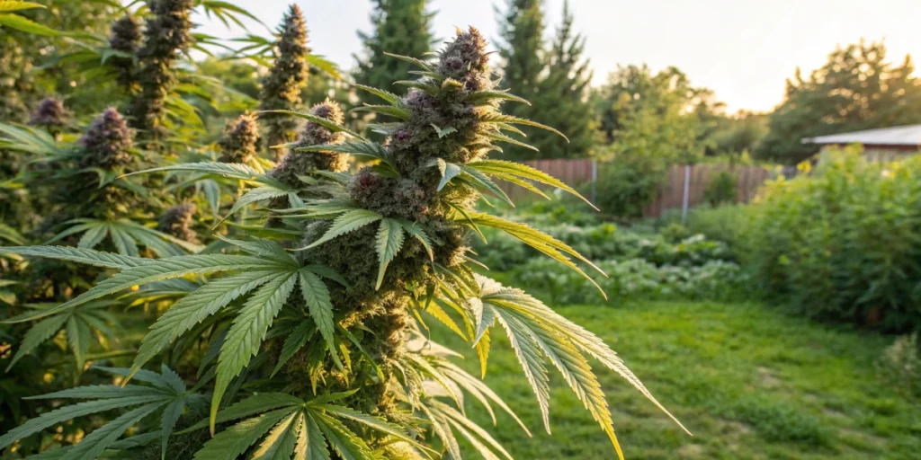 Outdoor view of a mature Goatlato Auto Tyson S strain plant with twisted branches and dense buds, illuminated by natural sunlight, showcasing vibrant, healthy growth.