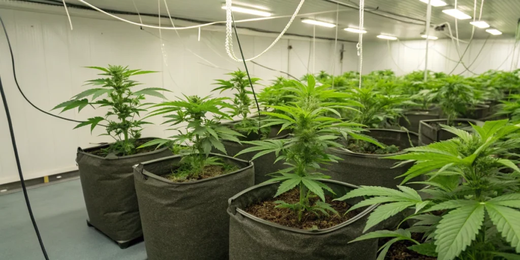 Indoor grow setup showing flowering Green Gelato strain plants under LED lights.