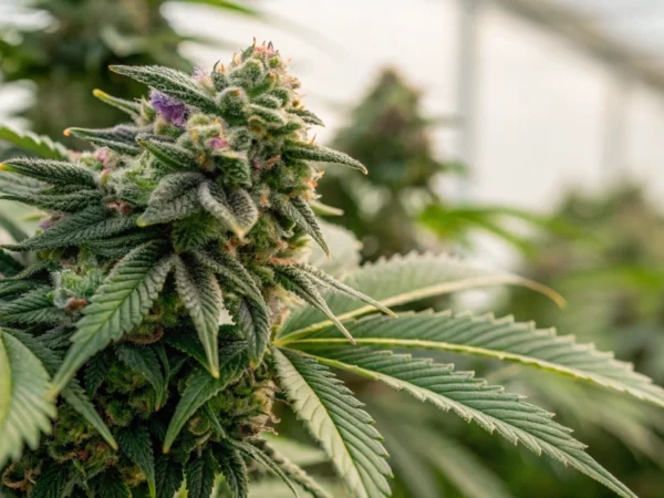 Close-up of densely packed, resinous Green O Matic strain buds with vibrant green tones and subtle purple hints.