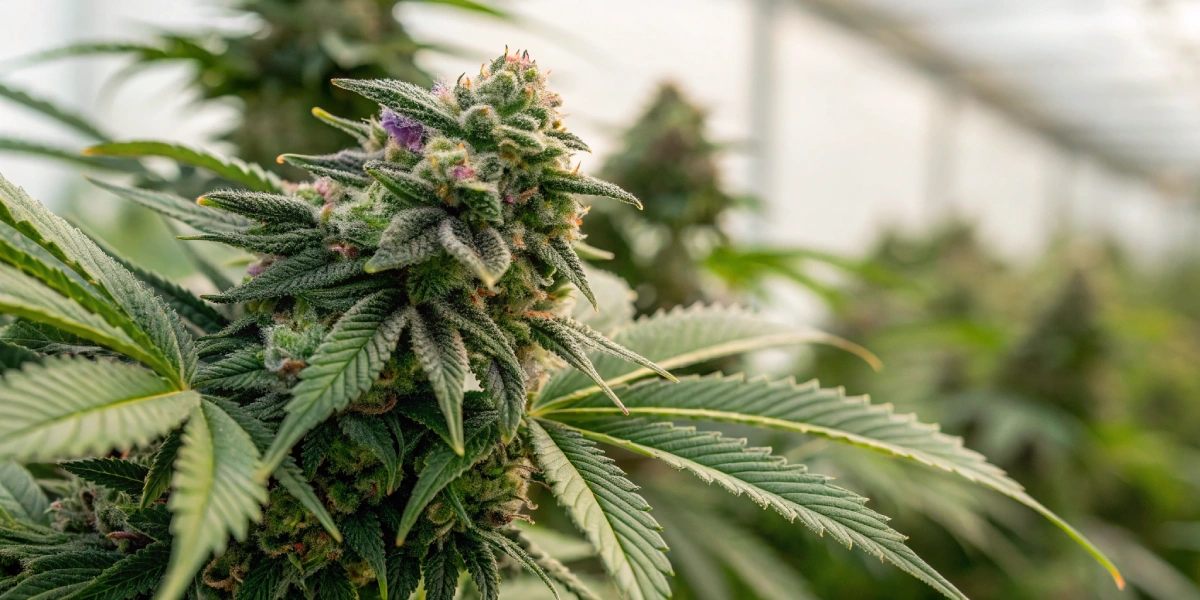 Close-up of densely packed, resinous Green O Matic strain buds with vibrant green tones and subtle purple hints.