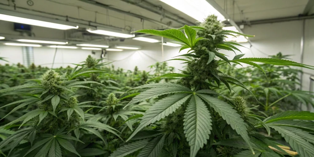 Indoor grow scene featuring a healthy Green O Matic strain plant with a dense canopy and visible resin, under controlled lighting conditions.